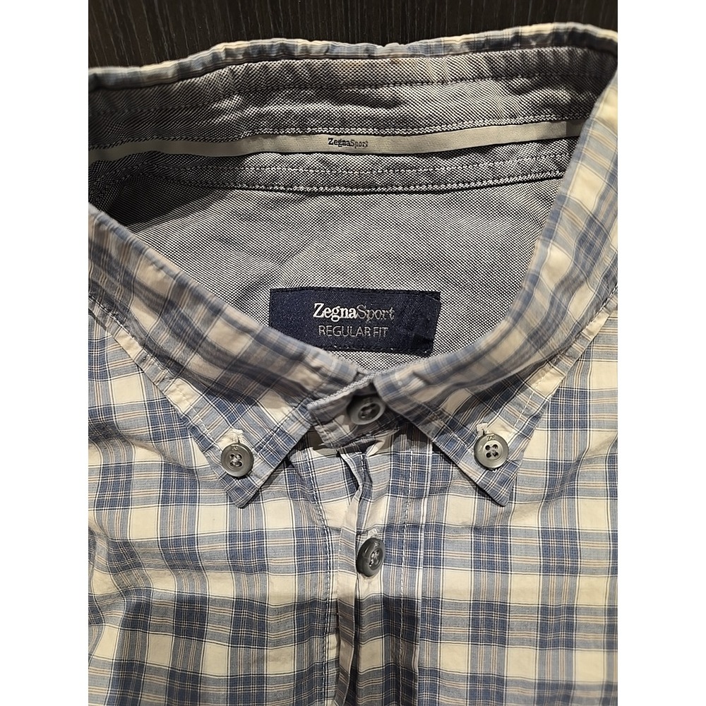 Zegna Sport Mens Blue White‎ Plaid Regular Fit Cotton Button Down Shirt Large L